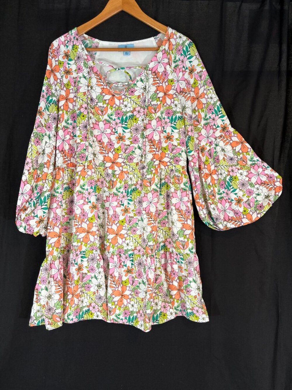 CeCe Groovy 70s Floral Tiered Mini Dress Bell Sleeve Lattice Neck Large